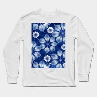 Floral Japanese Shibori Pattern Indigo Blue Long Sleeve T-Shirt